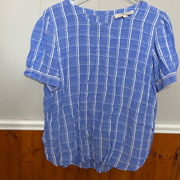 Ann Taylor LOFT Women’s Size Large Short Sleeve Blouse Blue Plaid Button Back - Picture 2 of 7